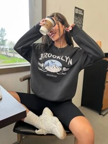 Áo nỉ Đồ họa đại bàng và chữ cái Thả vai - Màu xám đen - Xem 5