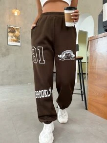 SHEIN Unity Mountain & Letter Graphic Joggers - Coffee Brown - View 1