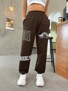 SHEIN Unity Mountain & Letter Graphic Joggers - Coffee Brown - View 3
