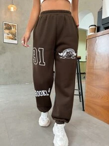 SHEIN Unity Mountain & Letter Graphic Joggers - Coffee Brown - View 4
