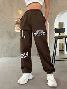 SHEIN Unity Mountain & Letter Graphic Joggers - Coffee Brown - View 5