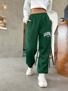 SHEIN Unity Letter Graphic Elastic Waist Sweatpants - Dark Green - View 1