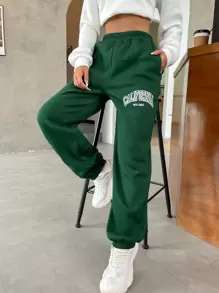 SHEIN Unity Letter Graphic Elastic Waist Sweatpants - Dark Green - View 4