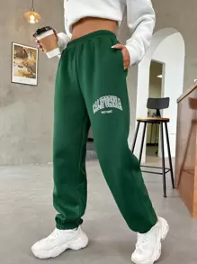 SHEIN Unity Letter Graphic Elastic Waist Sweatpants - Dark Green - View 5