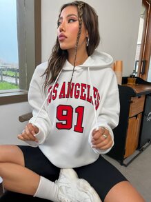 SHEIN Unity 字母圖案落肩袖抽繩連帽衫 - 白色 - 查看 5