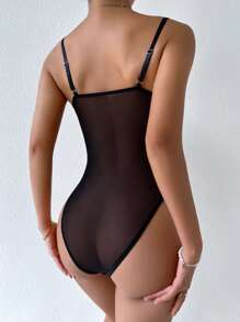SHEIN Allurite Contrast Mesh Bustier Eyelash Lace Cami Bodysuit - Black - View 2