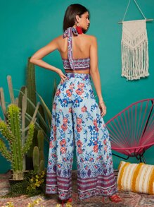 印花胸部褶皺後背繫帶上衣和高衩腰帶長褲 - 彩色 - 查看 2