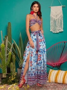 印花胸部褶皺後背繫帶上衣和高衩腰帶長褲 - 彩色 - 查看 3