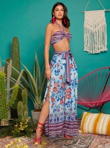 印花胸部褶皺後背繫帶上衣和高衩腰帶長褲 - 彩色 - 查看 5