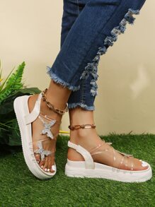 水鑽蝴蝶裝飾透明帶運動涼鞋 - 米色 - 查看 2