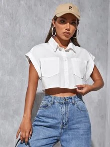 SHEIN EZwear 補丁貼口袋捲邊袖短款上衣 - 白色 - 查看 4