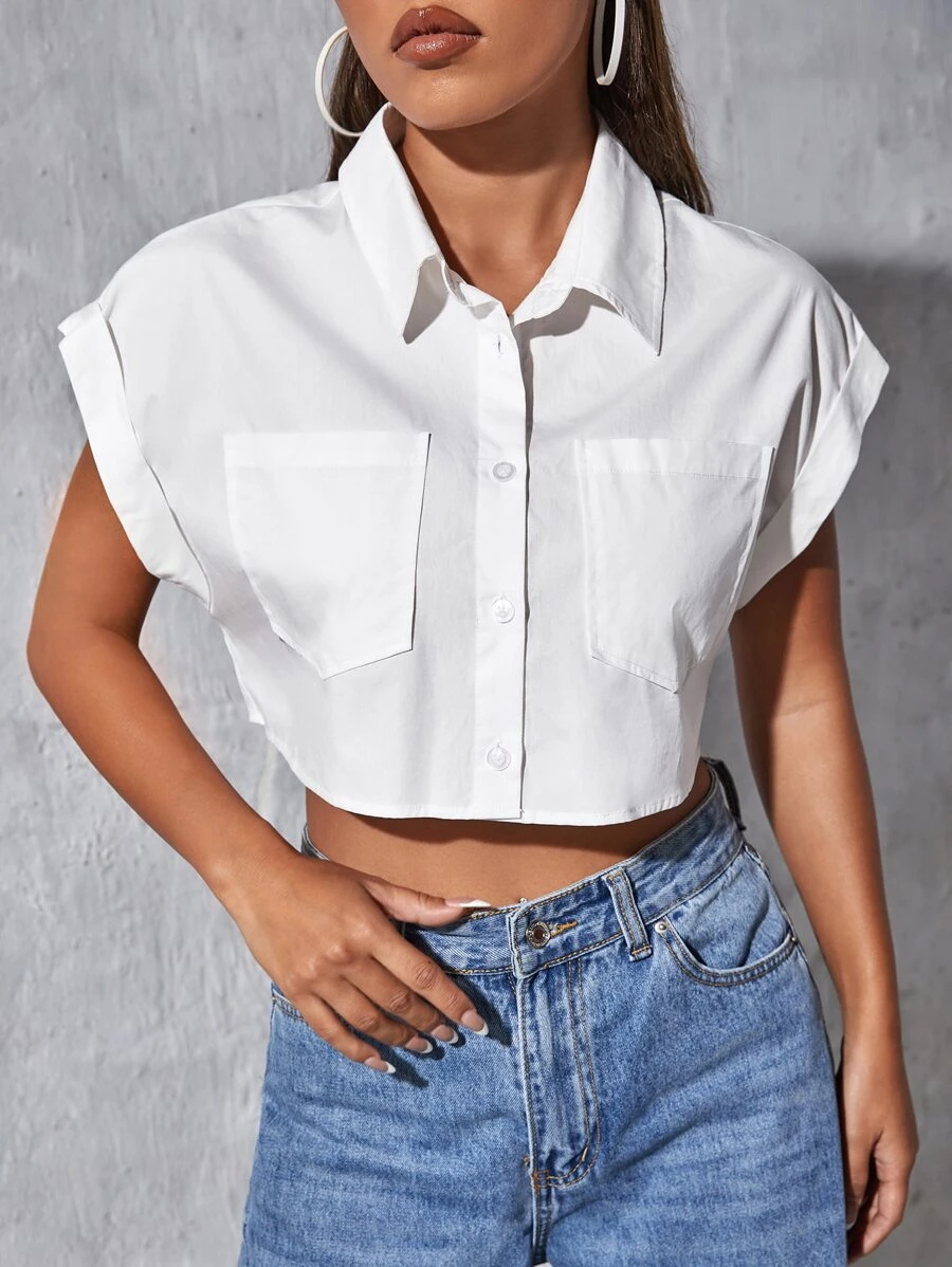 SHEIN EZwear 補丁貼口袋捲邊袖短款上衣 - 白色 - 查看 1