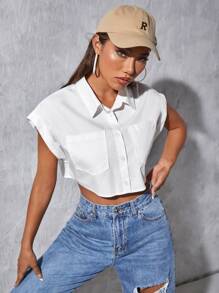 SHEIN EZwear 補丁貼口袋捲邊袖短款上衣 - 白色 - 查看 6