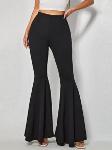 SHEIN PETITE Ruffle Hem Flare Leg Trousers - Black - View 2