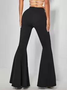 SHEIN PETITE Ruffle Hem Flare Leg Trousers - Black - View 3