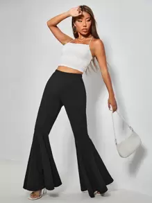 SHEIN PETITE Ruffle Hem Flare Leg Trousers - Black - View 4