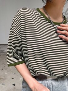 DAZY Striped Print Drop Shoulder Tee - Multicolor - View 1