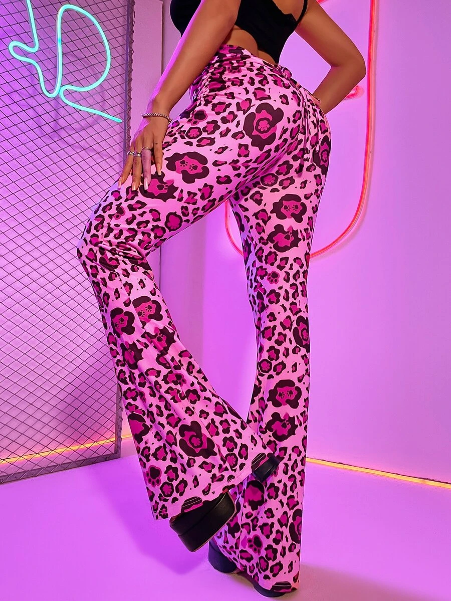 Leopard Print Scrunch Butt Tie Back Ruched Flare Leg Trousers - Multicolor - View 1