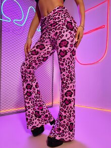Leopard Print Scrunch Butt Tie Back Ruched Flare Leg Trousers - Multicolor - View 6