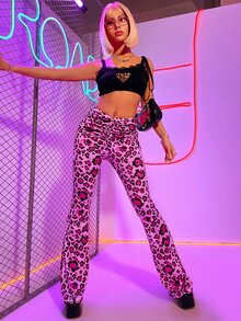 Leopard Print Scrunch Butt Tie Back Ruched Flare Leg Trousers - Multicolor - View 7