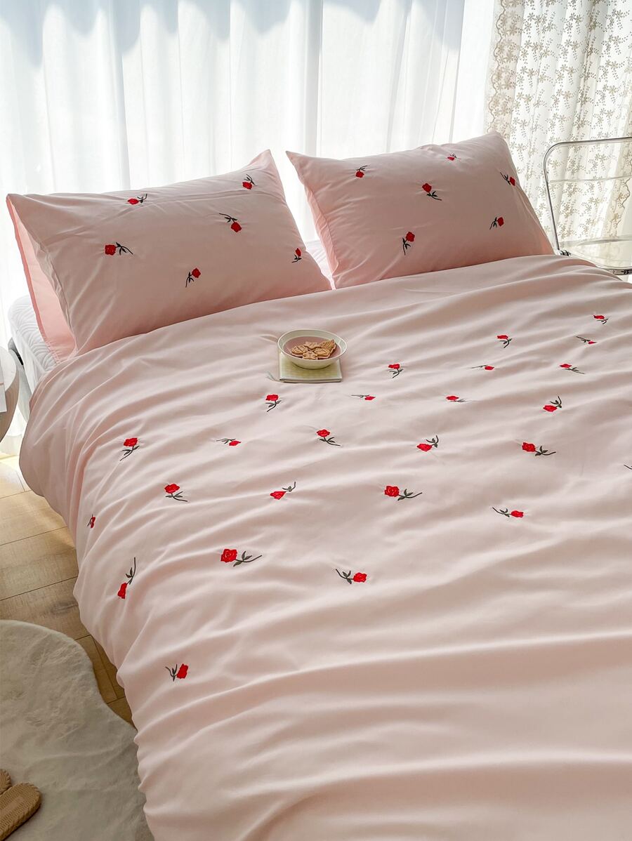 Rose Embroidered Duvet Cover Set Without Filler - Pink - View 1