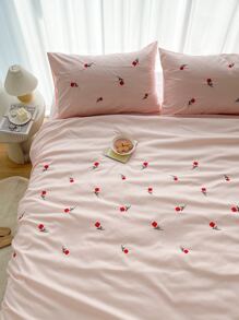 Rose Embroidered Duvet Cover Set Without Filler - Pink - View 5