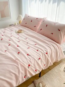 Rose Embroidered Duvet Cover Set Without Filler - Pink - View 6