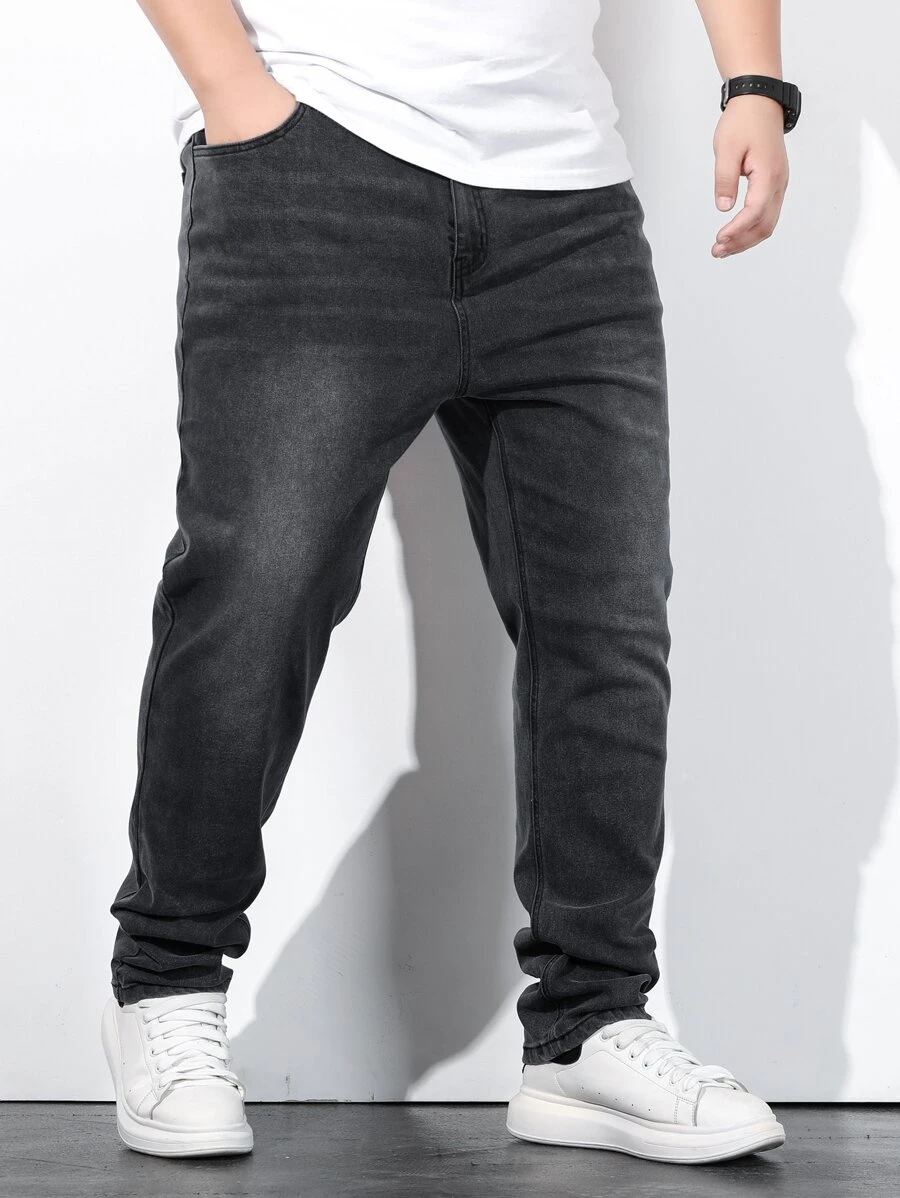 Manfinity Homme Men Plus Cotton Slant Pocket Tapered Jeans - Dark Grey - View 1