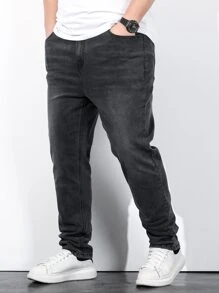 Manfinity Homme Men Plus Cotton Slant Pocket Tapered Jeans - Dark Grey - View 3