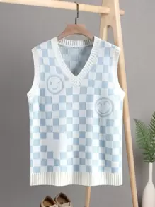 Manfinity Áo len nam Hoạt hình Sọc ca rô Giải trí - Xanh và trắng - Xem 2