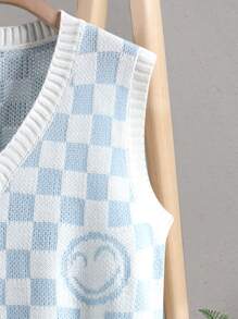 Manfinity Áo len nam Hoạt hình Sọc ca rô Giải trí - Xanh và trắng - Xem 6