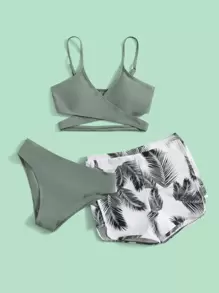 Teen Girls 3packs Tropical Print Contrast Binding Bikini Set Summer Beach - Army Green - View 3