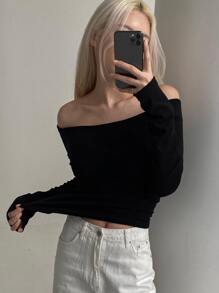 DAZY Áo thun trễ vai ôm vừa vặn, quần áo mùa thu dài tay cho nữ - màu đen - Xem 2