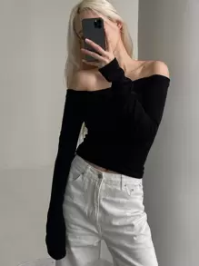 DAZY Áo thun trễ vai ôm vừa vặn, quần áo mùa thu dài tay cho nữ - màu đen - Xem 3