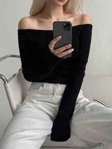 DAZY Áo thun trễ vai ôm vừa vặn, quần áo mùa thu dài tay cho nữ - màu đen - Xem 5