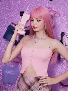 ROMWE Solid Cut Out Pearls Decor Knit Top