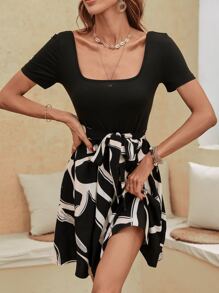 SHEIN LUNE Graphic Print Square Neck Belted Dress - Black - View 5