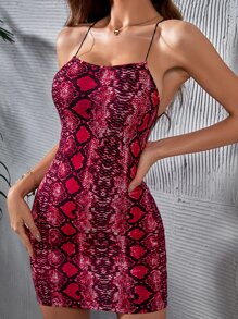 SHEIN SXY 蛇紋露背交叉吊帶連衣裙 - 紅色 - 查看 2
