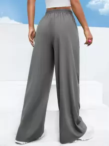 Muchica Quần ống rộng lưng thun co giãn màu trơn thường ngày cho nữ - Xám - Xem 2