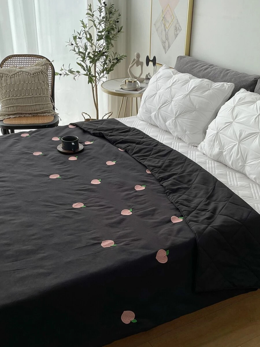 Cartoon Peach Embroidered Bedspread - Black - View 1