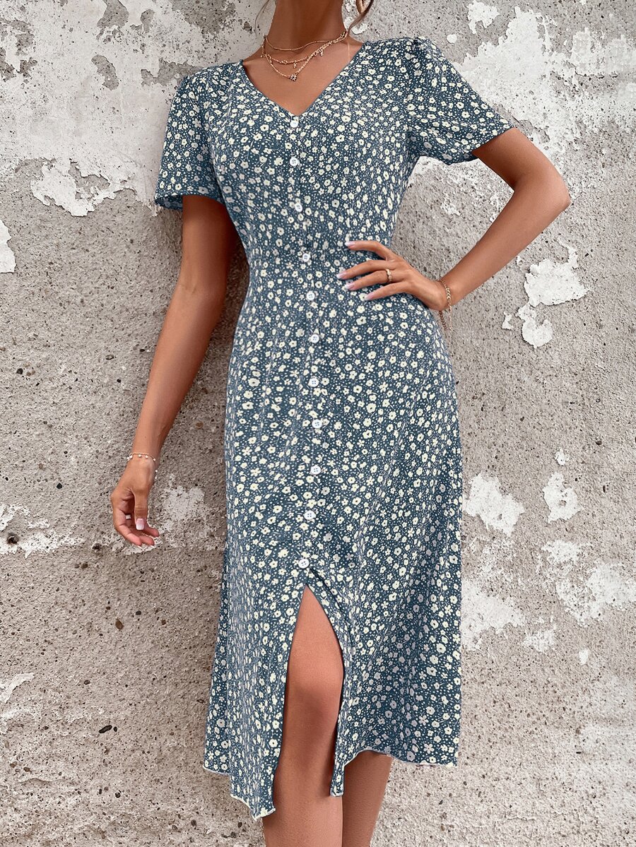 Ditsy Floral Print Button Through Dress - Blue and White - View 1