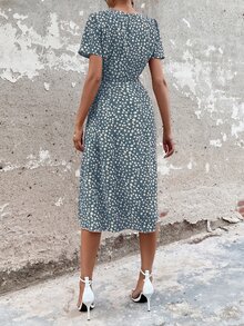 Ditsy Floral Print Button Through Dress - Blue and White - View 2