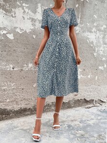 Ditsy Floral Print Button Through Dress - Blue and White - View 5