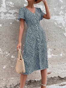 Ditsy Floral Print Button Through Dress - Blue and White - View 6