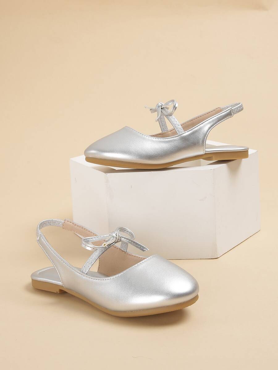 Girls Bow Detail Slingback Flats - Silver - View 1