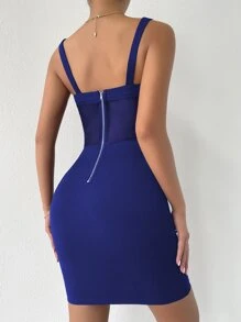 Allurite Vestido de tirantes ajustado cortado en V panel con malla - azul real - Ver 2