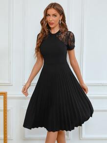 SHEIN Clasi Contrast Lace Pleated Hem Dress - Black - View 1