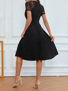 SHEIN Clasi Contrast Lace Pleated Hem Dress - Black - View 2