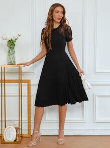 SHEIN Clasi Contrast Lace Pleated Hem Dress - Black - View 3