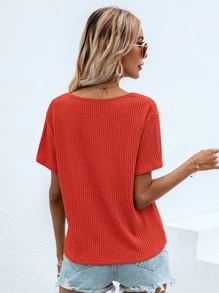 SHEIN LUNE Waffle Knit V Neck Solid Tee - Orange - View 2
